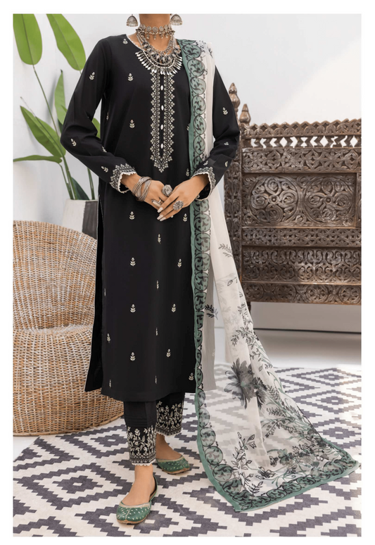 Black 3 Pc Embroidered Cotton Lawn Dress - Casuallite