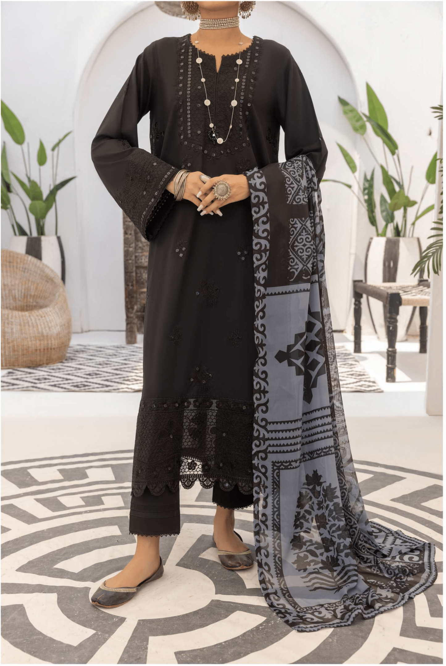 Monochromatic Pc Embroidered Cotton Lawn Dress - Casuallite