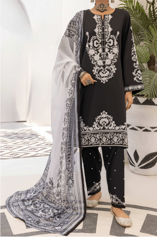 Monochrome 3 Pc Embroidered Cotton Lawn Dress - Casuallite