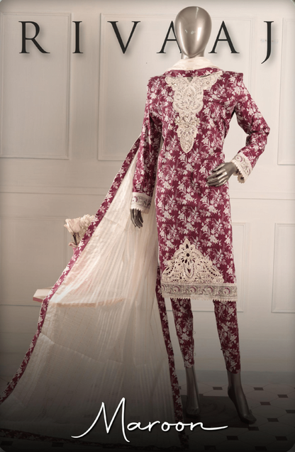 (Magenta) 3 Pc Embroidered Printed Lawn Dress