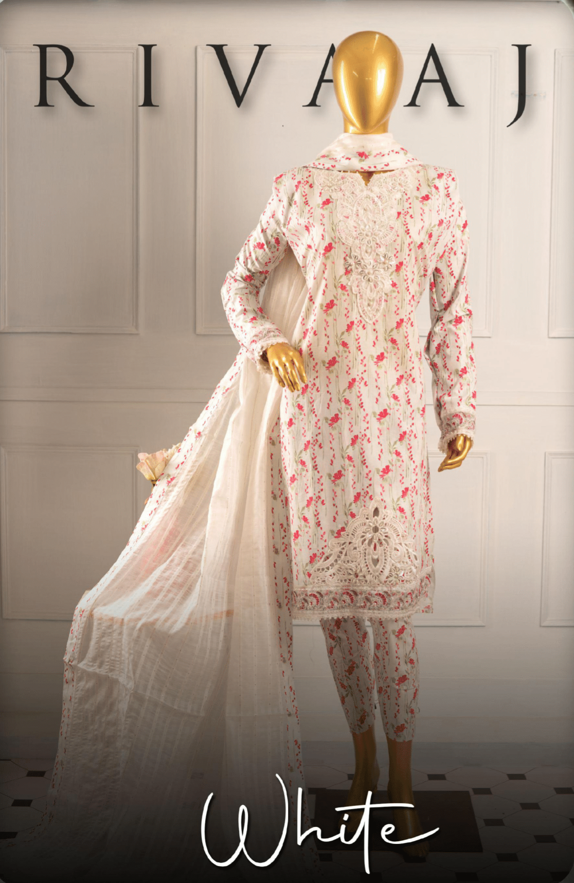 (White) 3 Pc Embroidered Printed Lawn Dress