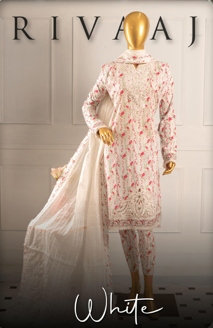 (White) 3 Pc Embroidered Printed Lawn Dress