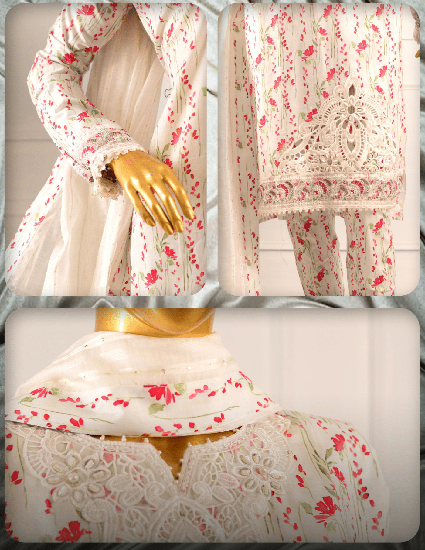 (White) 3 Pc Embroidered Printed Lawn Dress