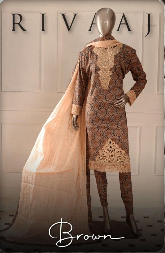 (Brown) 3 Pc Embroidered Printed Lawn Dress