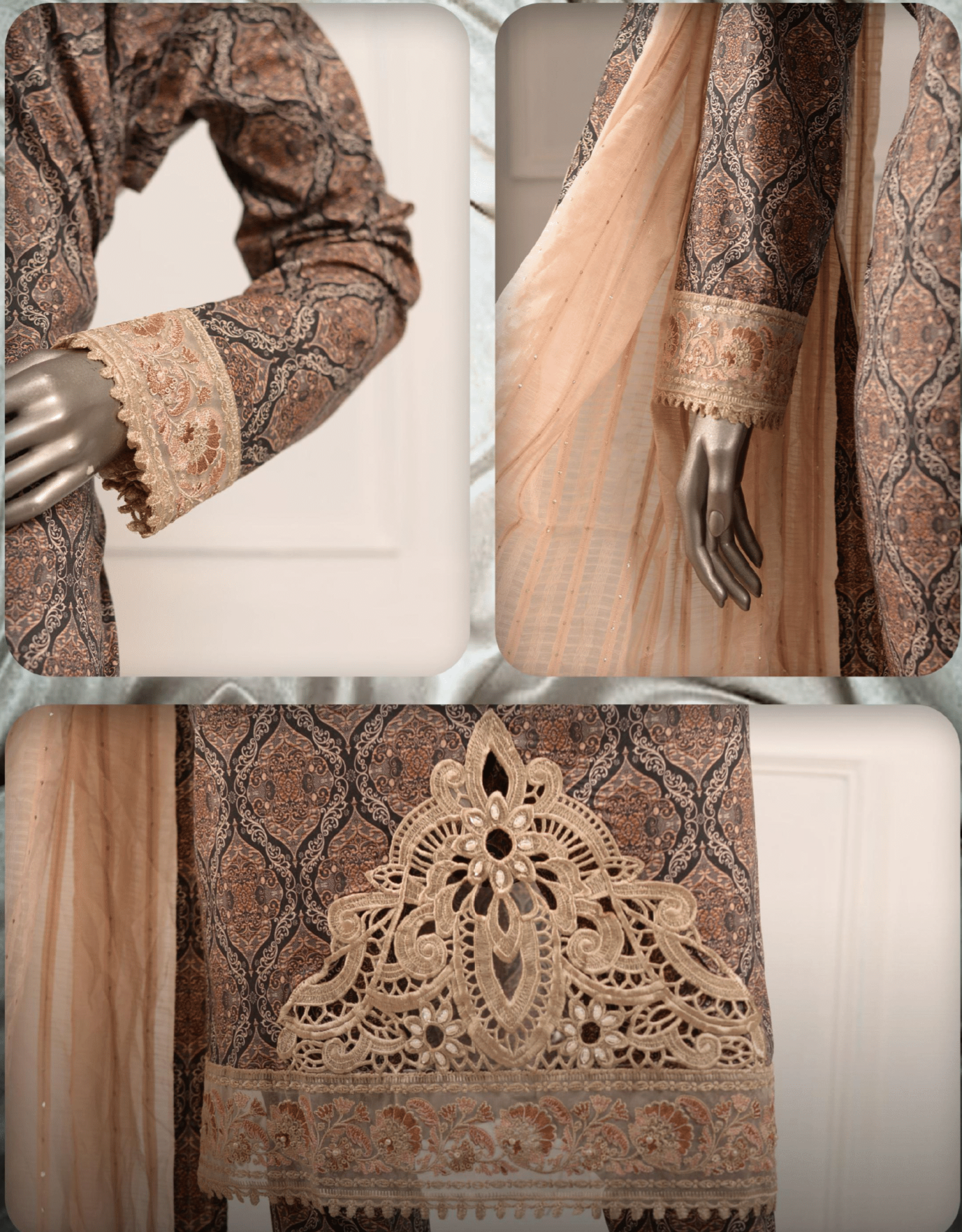 (Brown) 3 Pc Embroidered Printed Lawn Dress