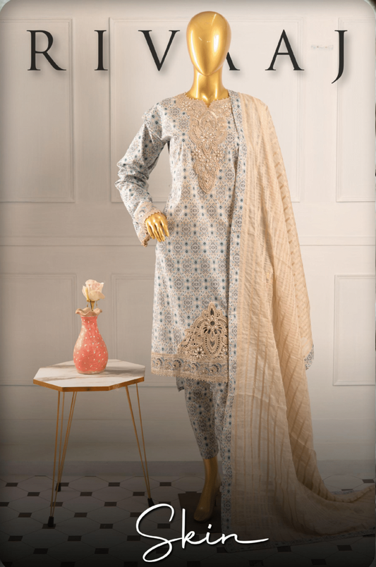 (Light blue) 3 Pc Embroidered Printed Lawn Dress