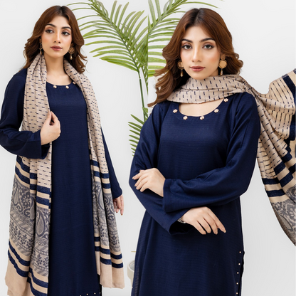 (Navy Blue) 3 Pc Dhanak Dress with Kashmiri Wool Shawl | Winter Collection | Rangz | UMRGZ3402