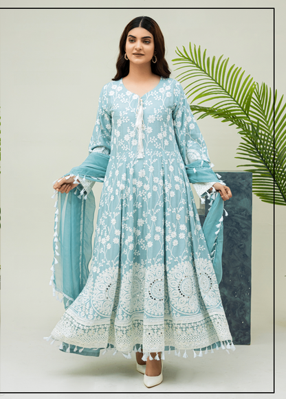 Sea green | Embroidered Linen Long Maxi | Ready to Wear 3 Pc dress - Rangz