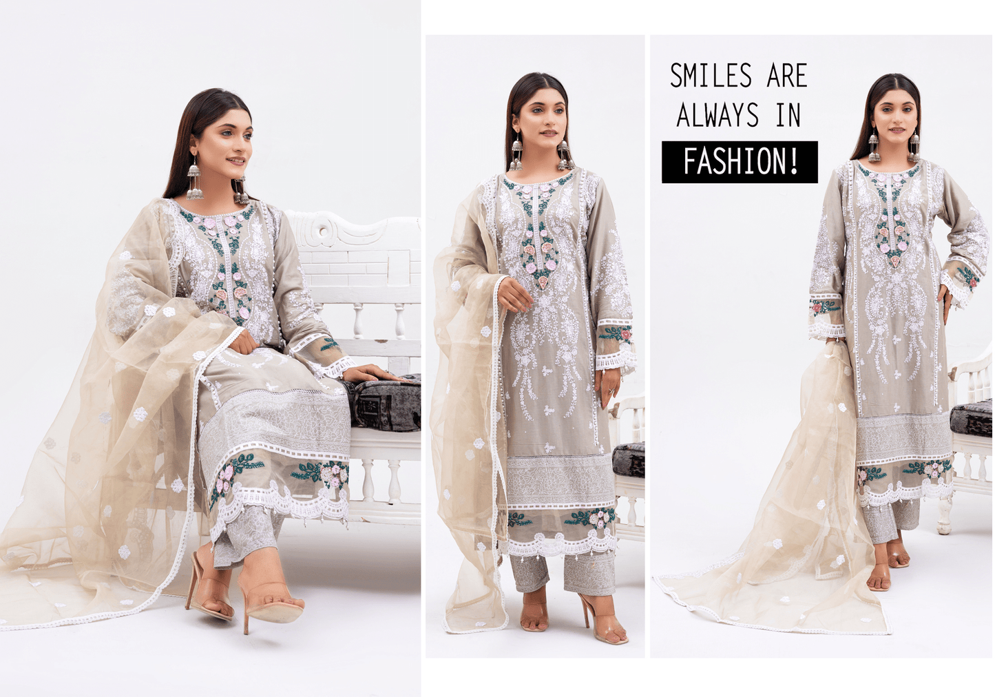 Light Grey 3 Pc Embroidered Lawn Collection-Rangz