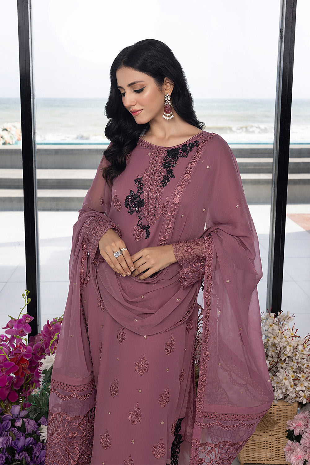 Luxe By Azure Embroidered 3 Piece Suit  Rosy Glaze