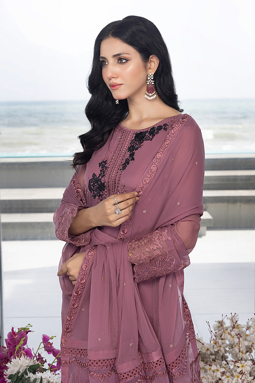 Luxe By Azure Embroidered 3 Piece Suit  Rosy Glaze