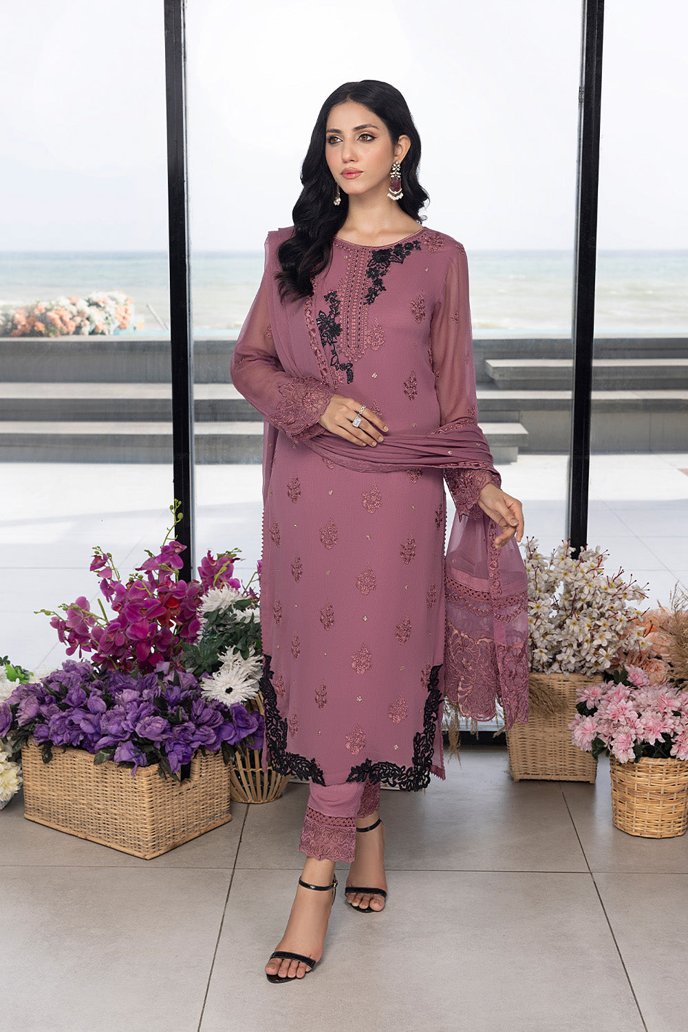 Luxe By Azure Embroidered 3 Piece Suit  Rosy Glaze