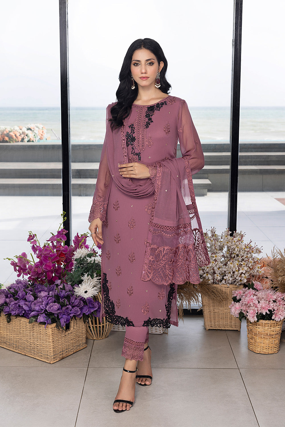 Luxe By Azure Embroidered 3 Piece Suit  Rosy Glaze