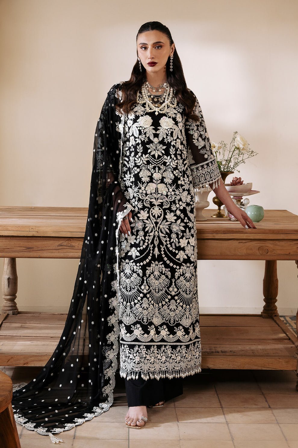 White & Black Embroidered Chiffon | Luxury Pret | 3 Pc | Ready to Wear | Serene