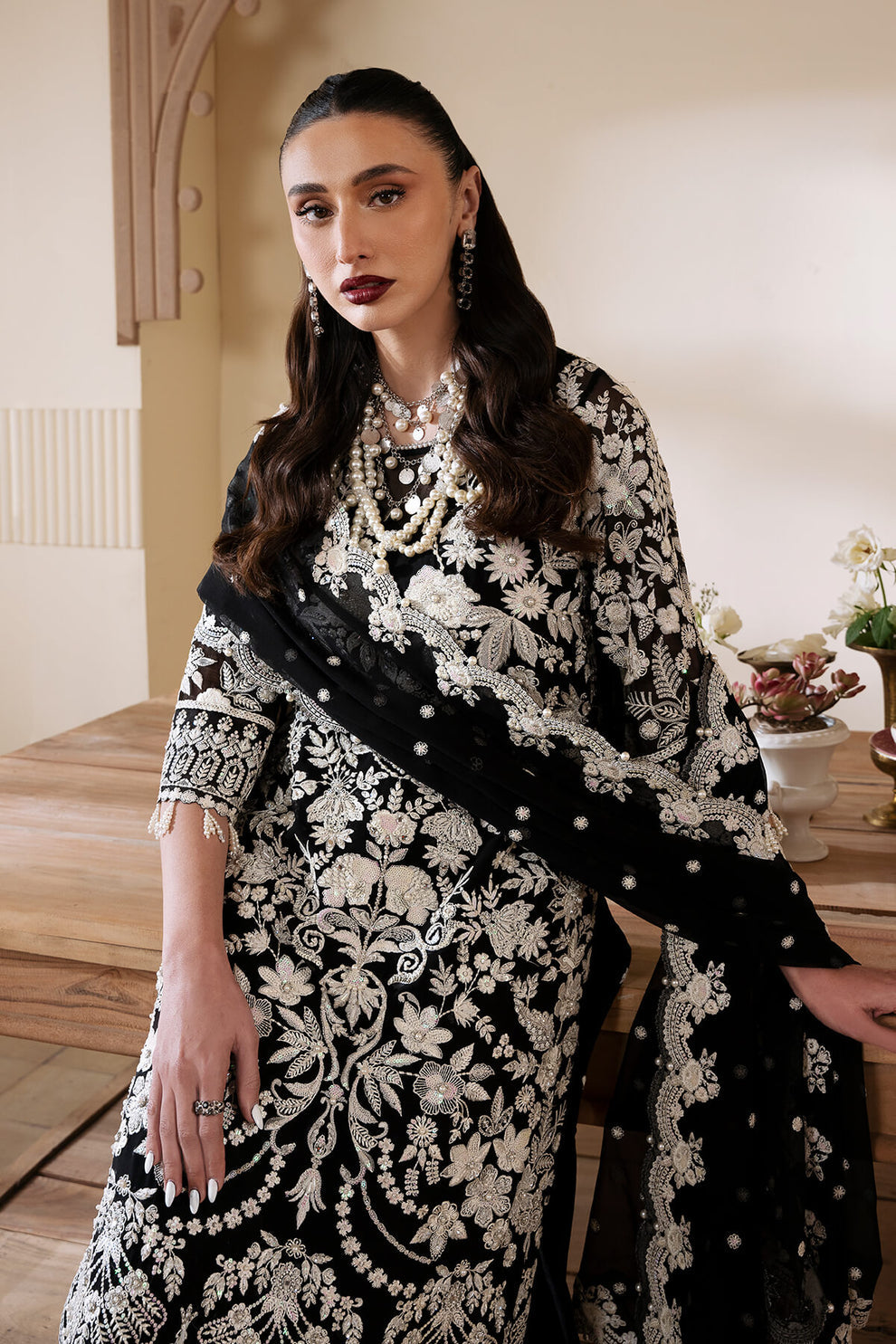 White & Black Embroidered Chiffon | Luxury Pret | 3 Pc | Ready to Wear | Serene