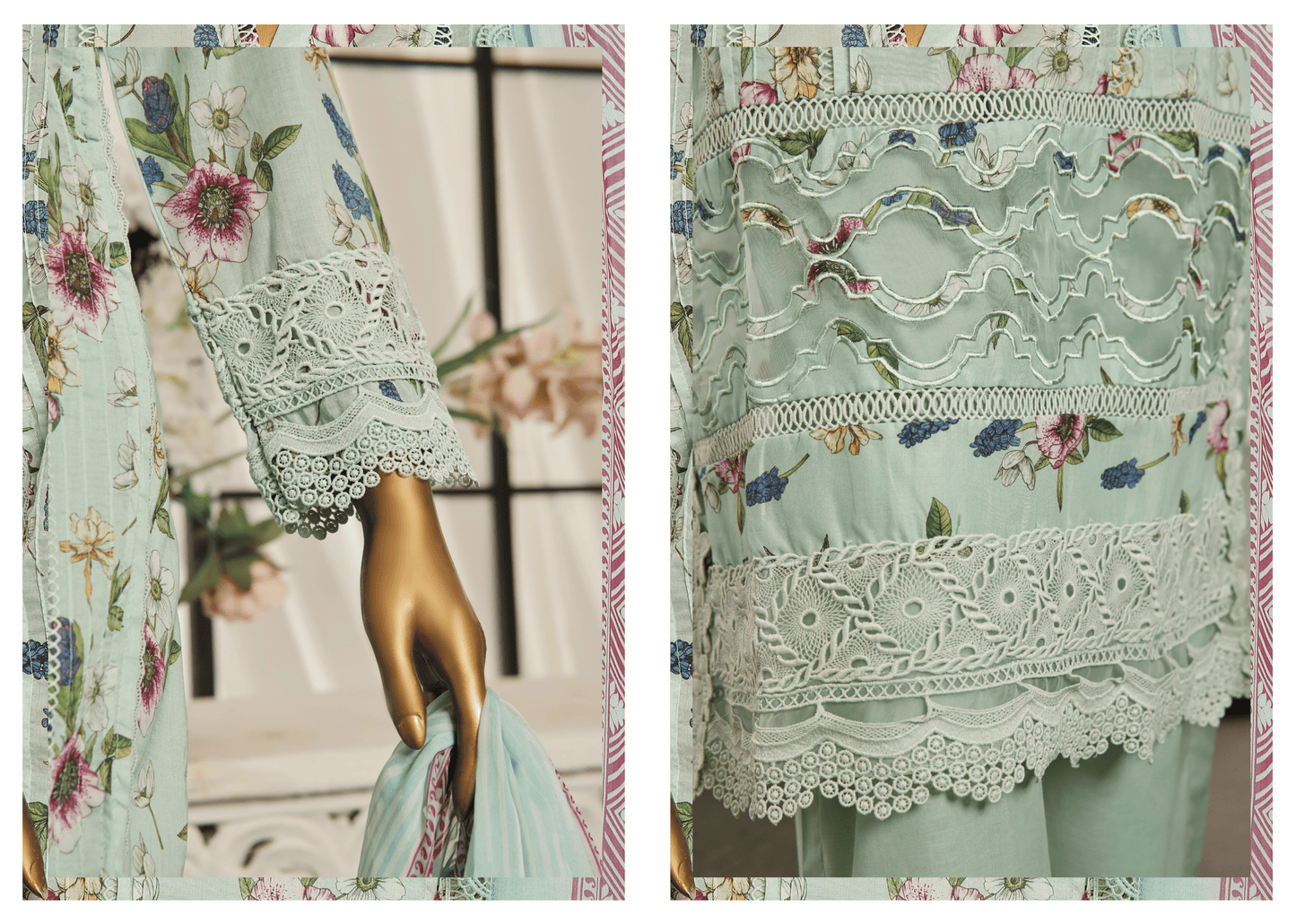 Pastel green | 3 Piece Luxury Lawn Lacework & Cutwork | Sada Bahar