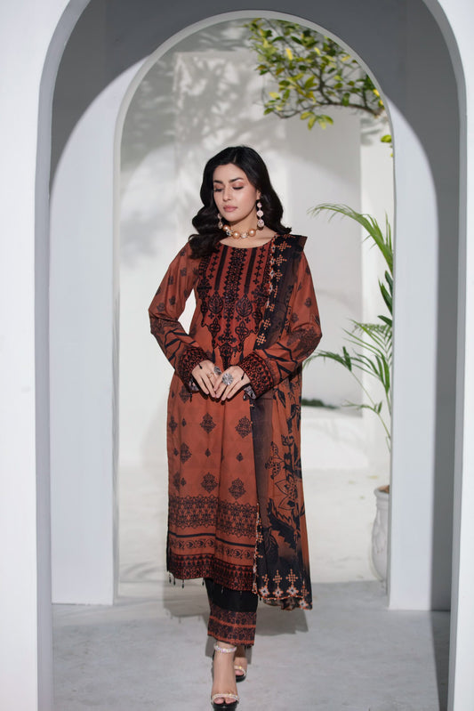 (RED SHADED AUTUMN)  3 Pc Embroidered Cambric Cotton Suit-Heera's