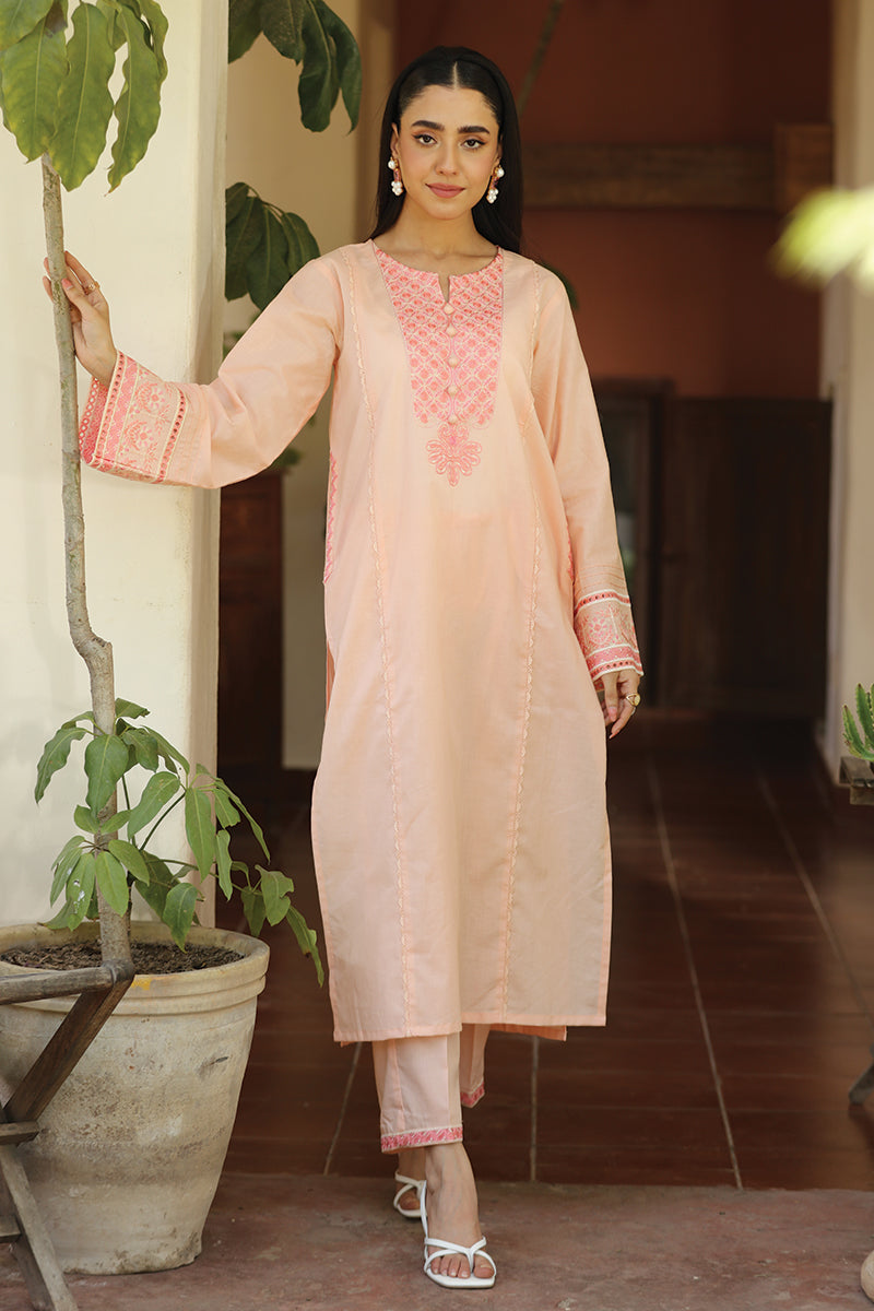 Peach 2 Pc Embroidered Cotton Dress - Umnaa