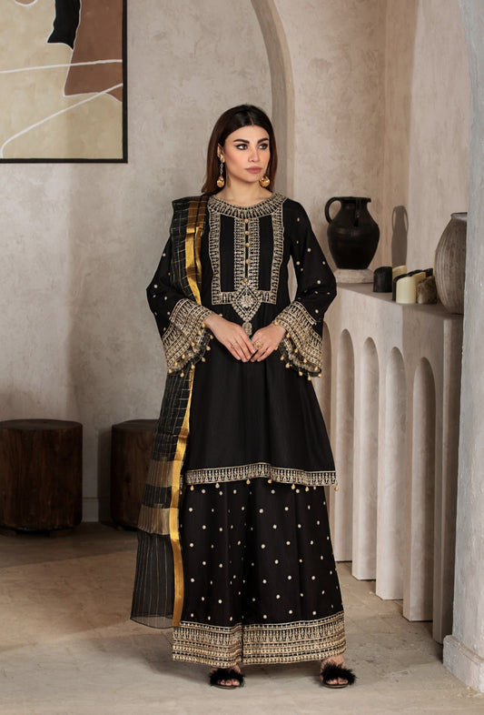 Black 3 Pc Cambric Cotton Embroidered Dress - Heera's