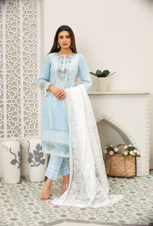 Ice Blue 3 Pc Cambric Cotton Embroidered Dress - Heera's