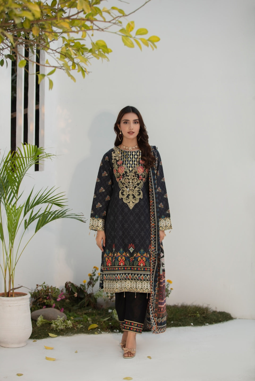 Multi 3 Pc Cambric Cotton Embroidered Dress - Heera's