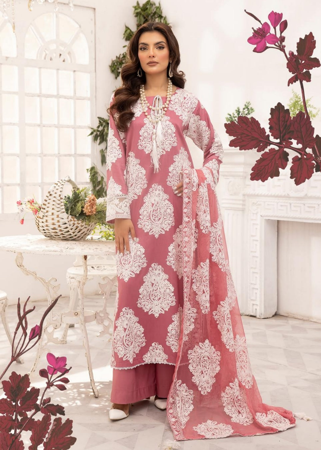 (PINK)3 PIECE MOTHER & DAUGHTER EMBROIDERED LINEN COLLECTION BY SIMRANS