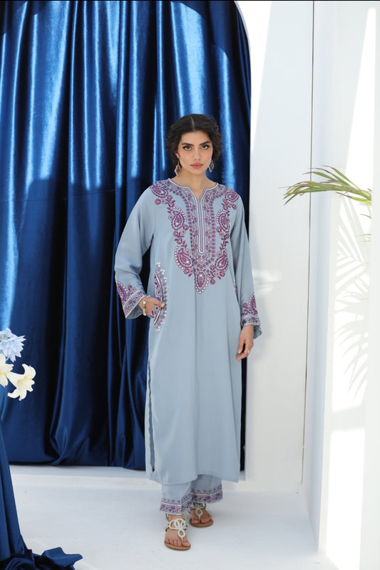 Ice Blue 2 Pc Ready to wear Embroidered Grip Cotton Outfit - Umnaa