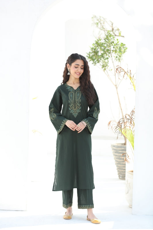 2 Pc Ready to wear Embroidered Cotton Outfit - Umnaa