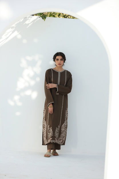 Brown 2 Pc Ready to wear Embroidered Cotton Outfit - Umnaa