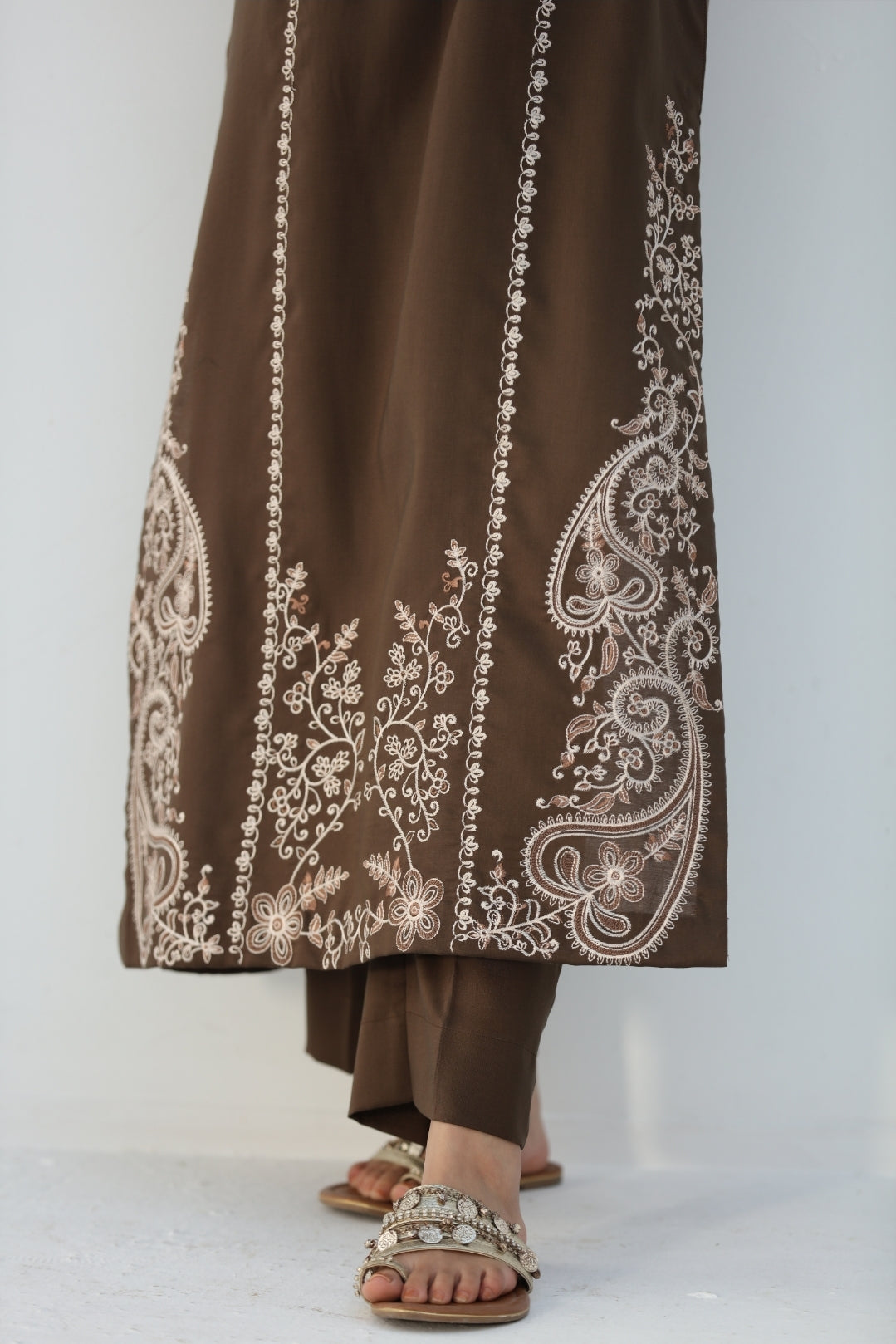 Brown 2 Pc Ready to wear Embroidered Cotton Outfit - Umnaa