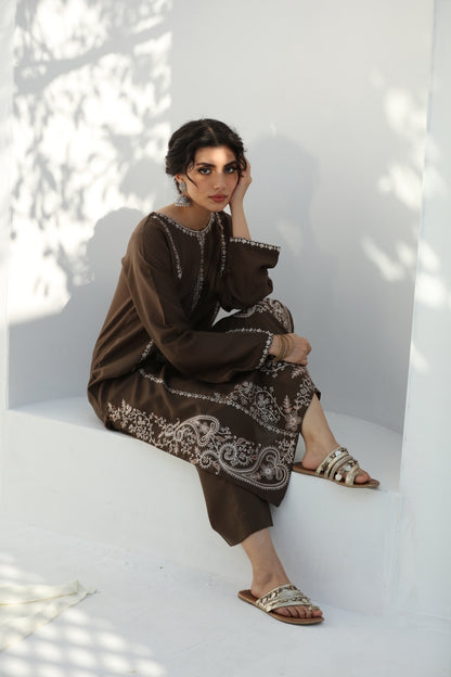 Brown 2 Pc Ready to wear Embroidered Cotton Outfit - Umnaa