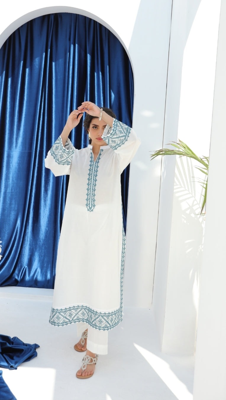 White 2 Pc Ready to wear Embroidered Cotton Outfit - Umnaa