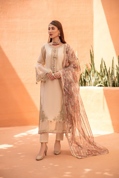 (BEIGE) 3 Pc "NAKHRA" Embroidered Luxury Lawn By Simrans