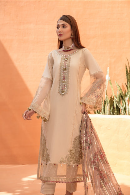 (BEIGE) 3 Pc "NAKHRA" Embroidered Luxury Lawn By Simrans