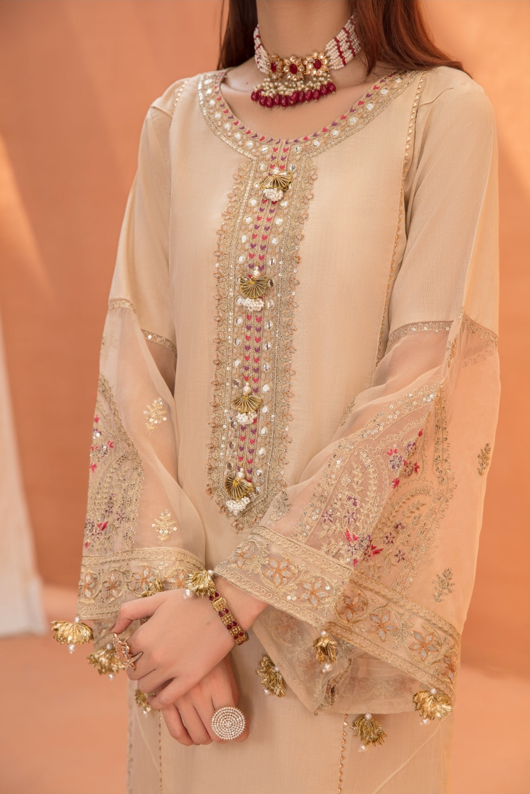 (BEIGE) 3 Pc "NAKHRA" Embroidered Luxury Lawn By Simrans