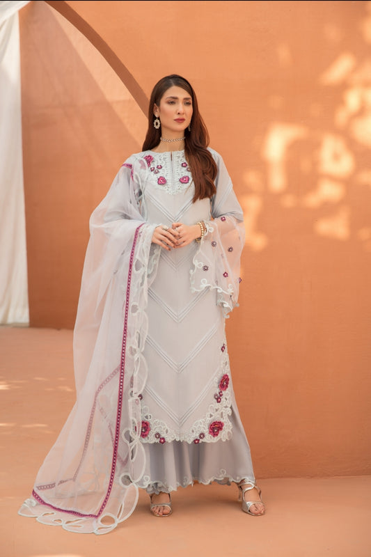 (GREY) 3 Pc "NAKHRA" Embroidered Luxury Lawn By Simrans