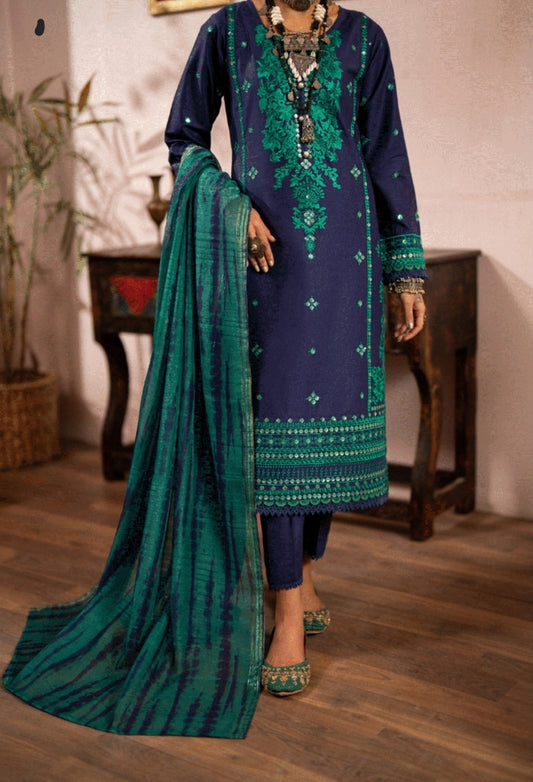 (Blue) 3 Pc Embroidered Cotton Collection - Casual lite