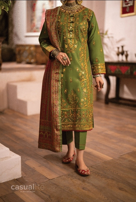 (Green) 3 Pc Embroidered Cotton Collection - Casual lite