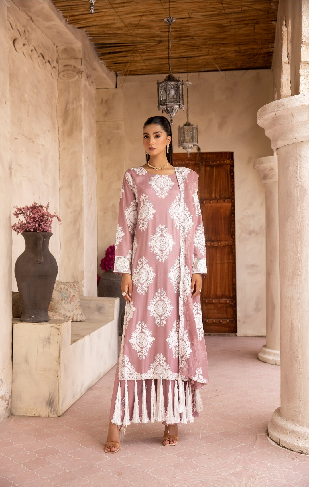 (Pink) 3 Pc "Chand" Embroidered Linen Collection By SIMRANS