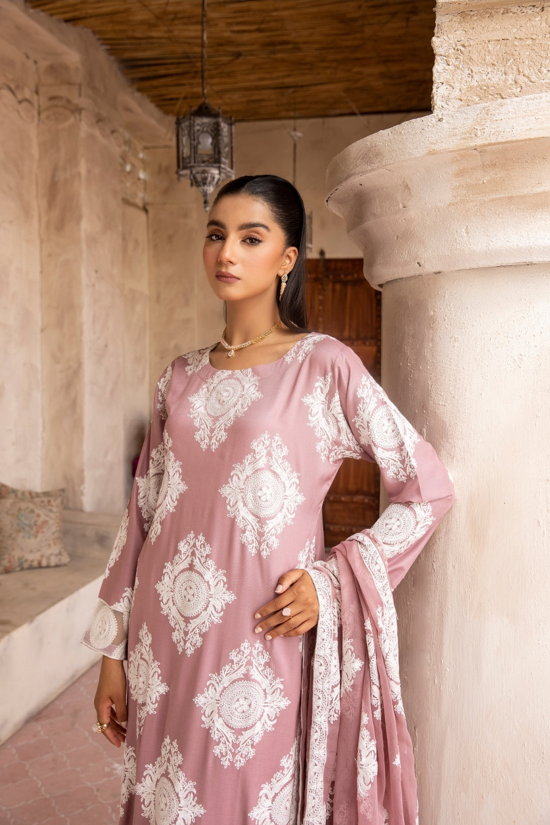 (Pink) 3 Pc "Chand" Embroidered Linen Collection By SIMRANS