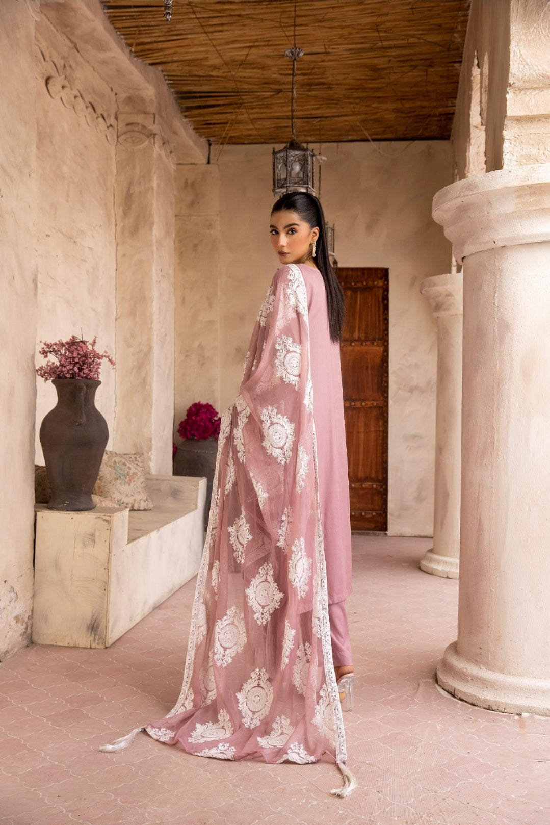 (Pink) 3 Pc "Chand" Embroidered Linen Collection By SIMRANS