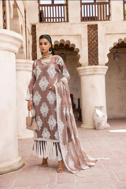 (Brown) 3 Pc "Chand" Embroidered Linen Collection By SIMRANS