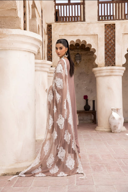 (Brown) 3 Pc "Chand" Embroidered Linen Collection By SIMRANS