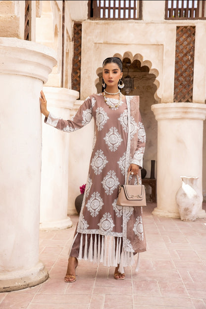 (Brown) 3 Pc "Chand" Embroidered Linen Collection By SIMRANS