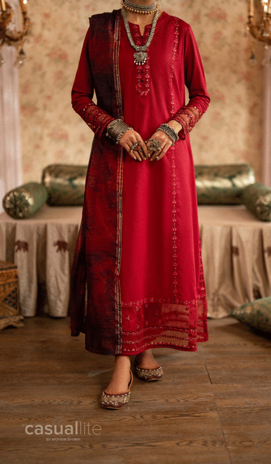 (Maroon) 3 Pc Embroidered Cotton Collection - Casual lite