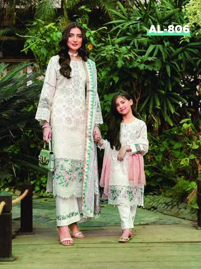 (Cream) 3 Pc Mother & Daughter Luxury Lawn by Simrans