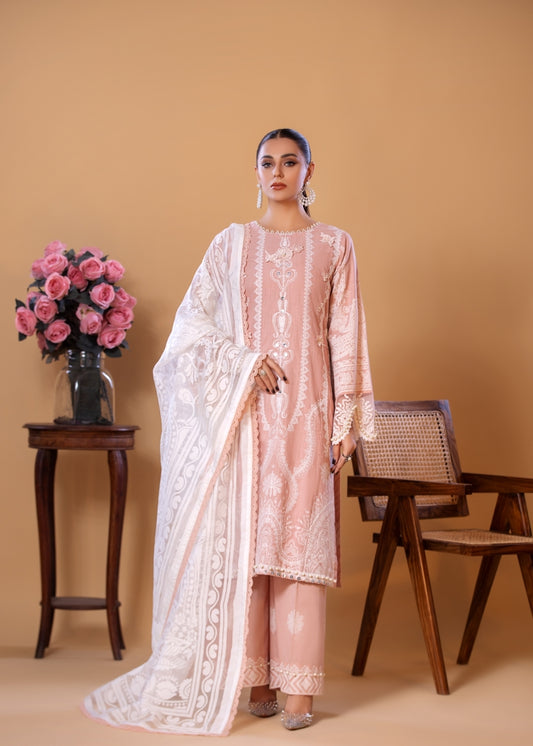 (Peach) 3 Pc Cotton Embroidered Dress - Heera's