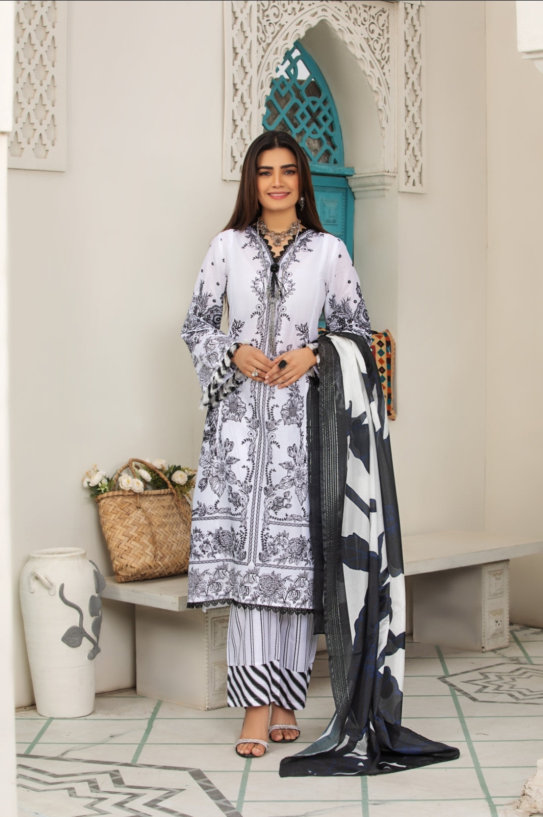 (White) 3 Pc Cotton Embroidered Dress - Heera's