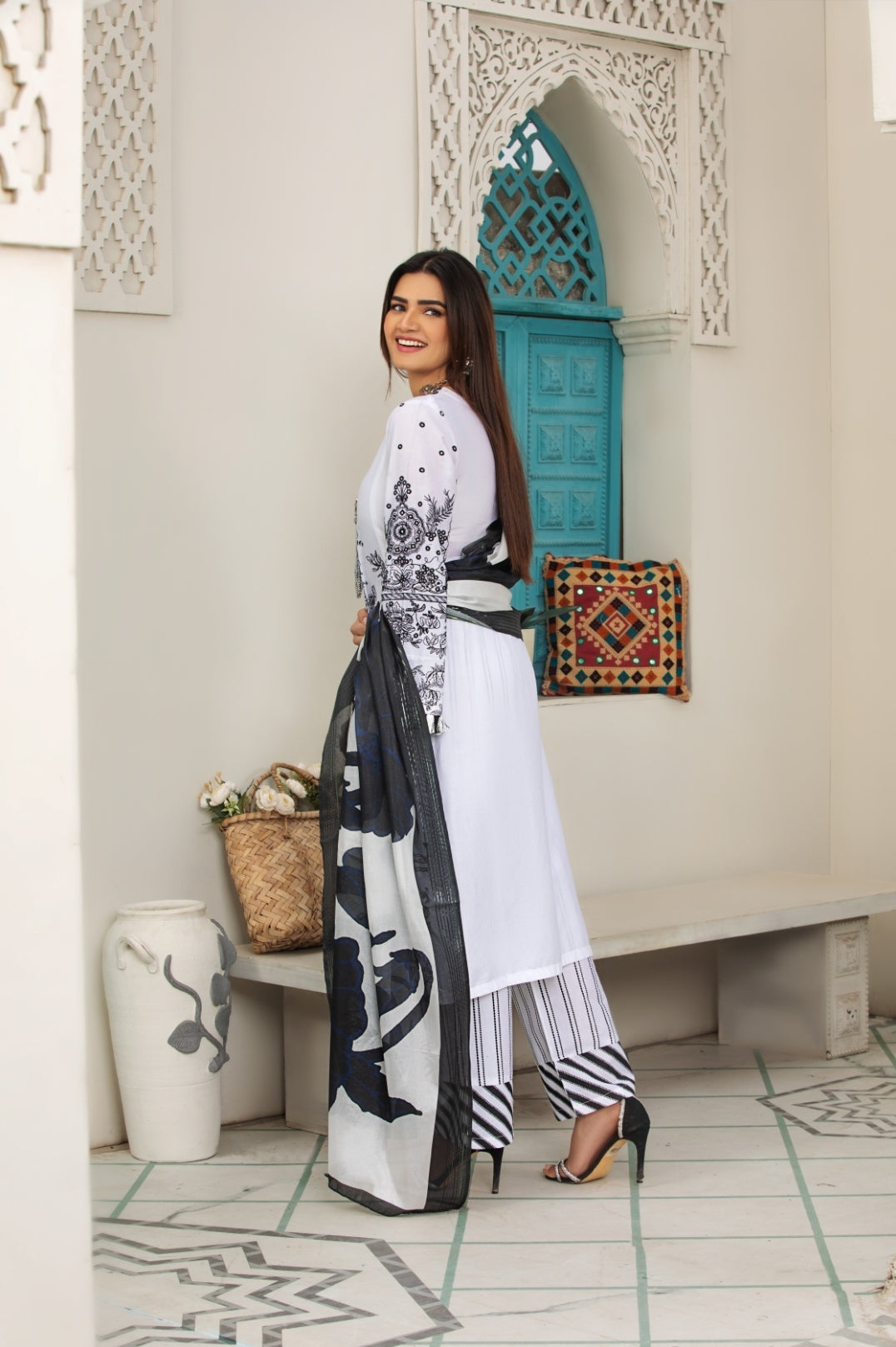 (White) 3 Pc Cotton Embroidered Dress - Heera's