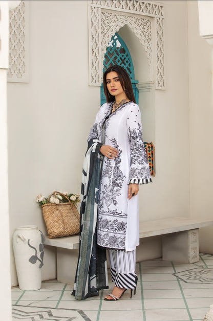 (White) 3 Pc Cotton Embroidered Dress - Heera's